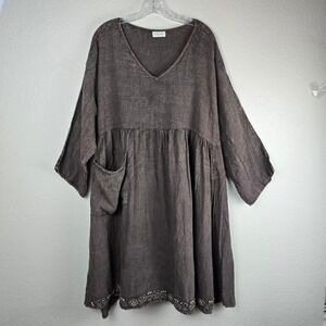 Krista Larson Brown Linen Oversized Tunic Dress Embroidered Hem Lagenlook